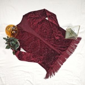 NWOT Women's Semi Sheer Velvet and Fringe Burgundy Kimono Style Wrap Size Medium